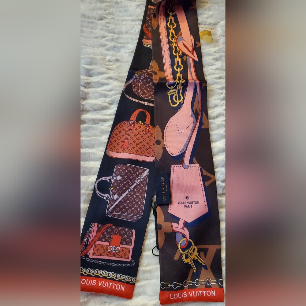 100% Silk Bag Twilly, Hairtie, Pink and Brown Monogram Scarf-Nonbranded
